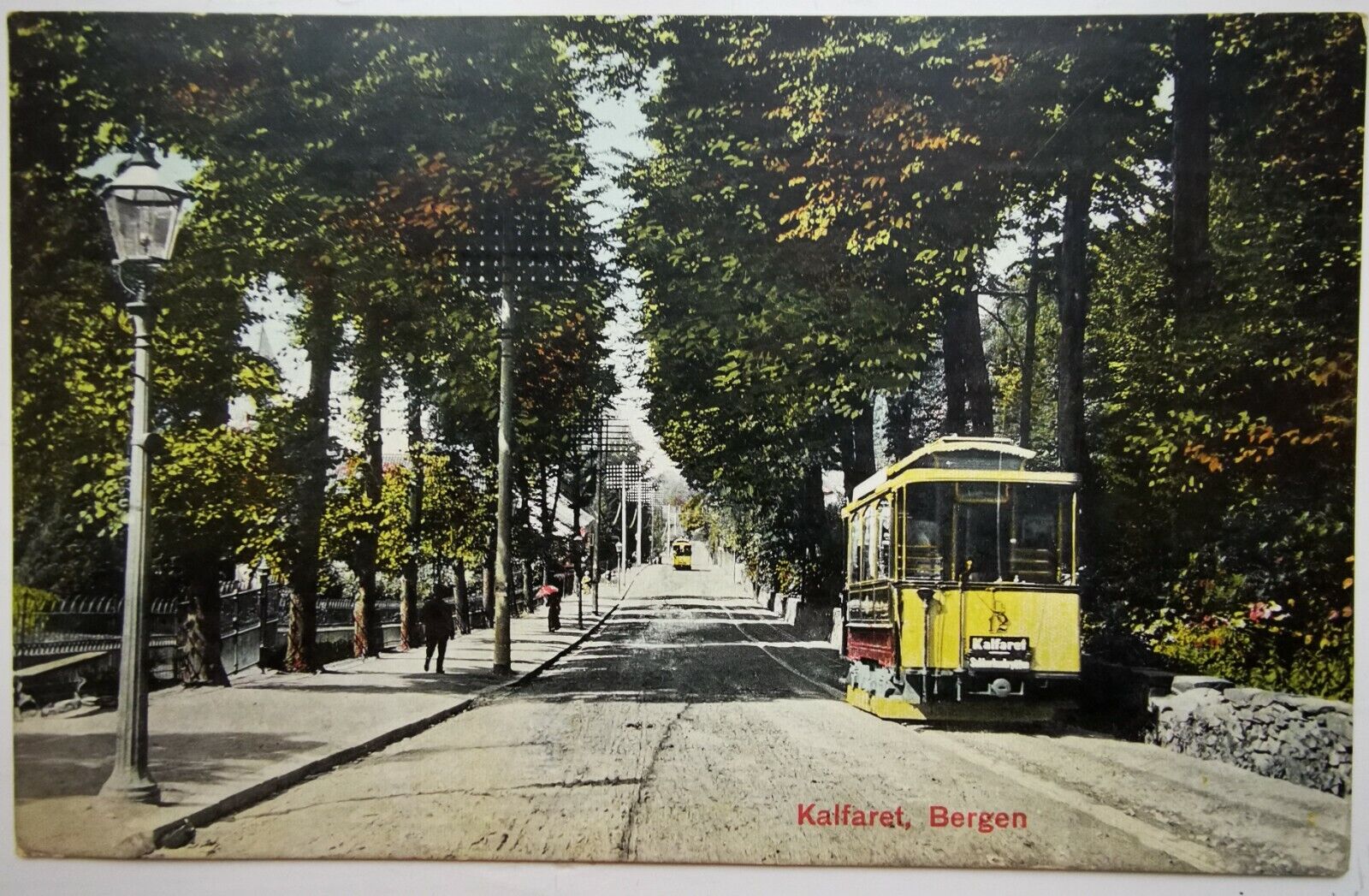 Old postcard: Yellow tram in Bergen Norway Mailed to Denmark in 1908  pok1094