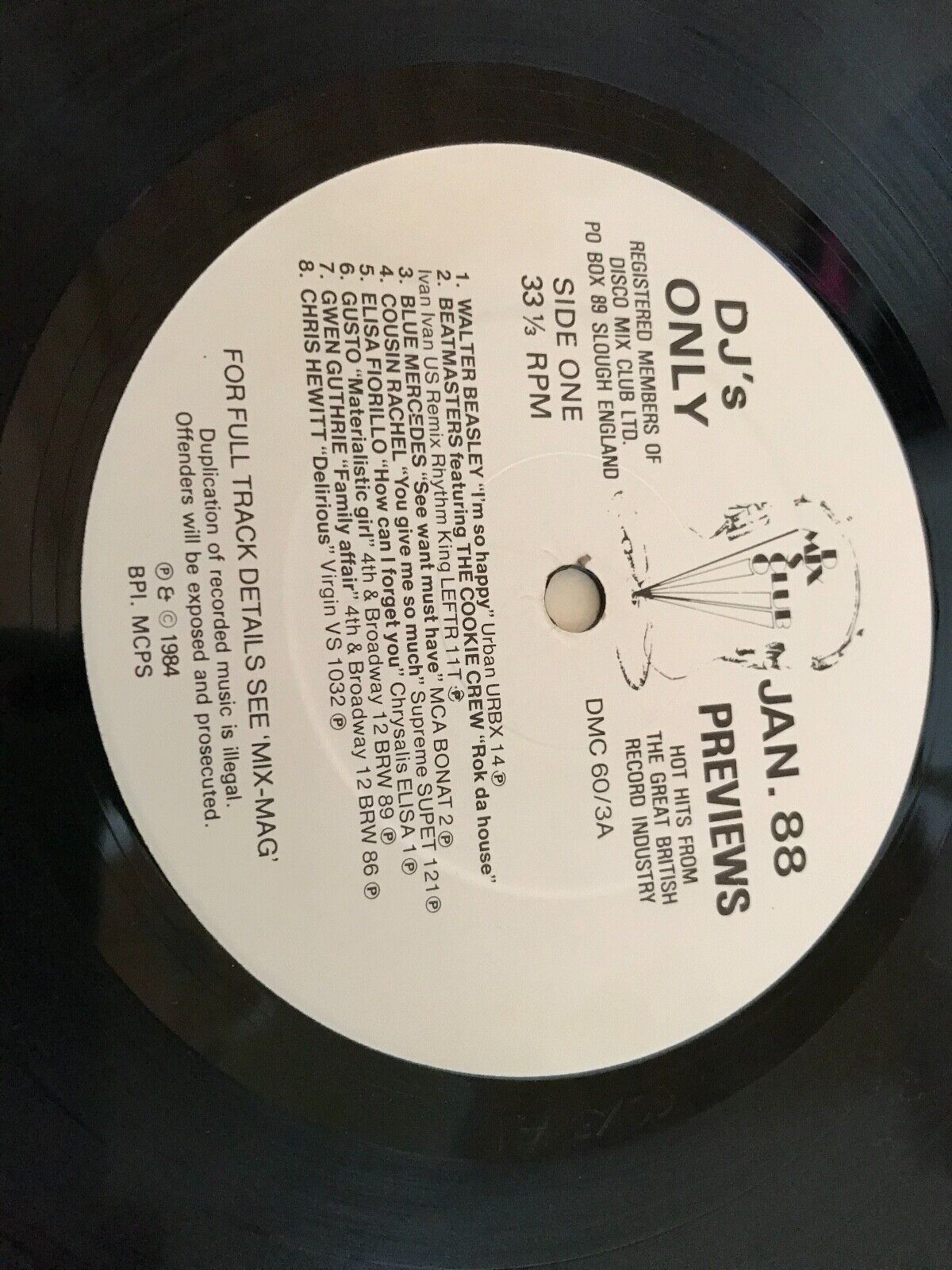 DMC UK LP DJ MEMBERS ONLY JANUARY 88 PREVIEWS MICHAEL JACKSON DANCE MIX (PROMO)*