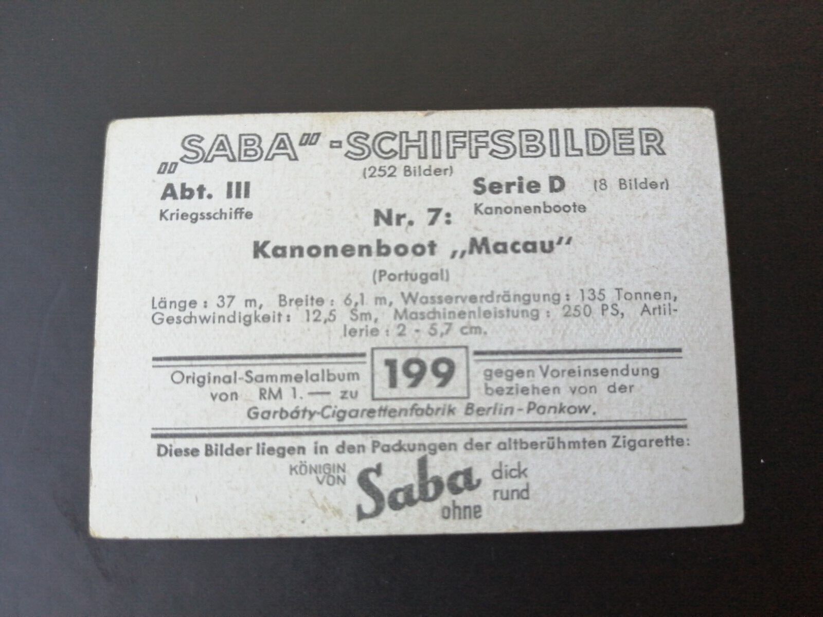 German SABA tobacco ship trading card 1931-33No 199"Macau" Portugal