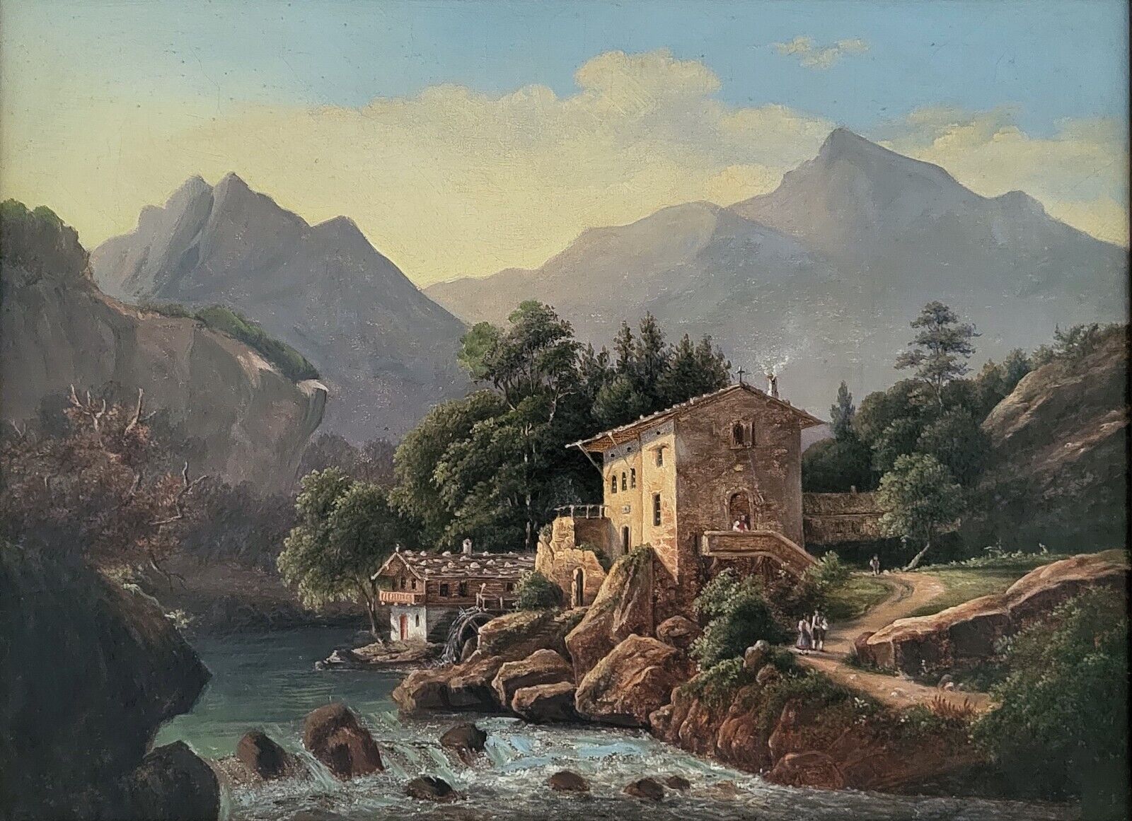 Antique oil painting FC Kiaerskou(1805-1891):”Alpine watermill”