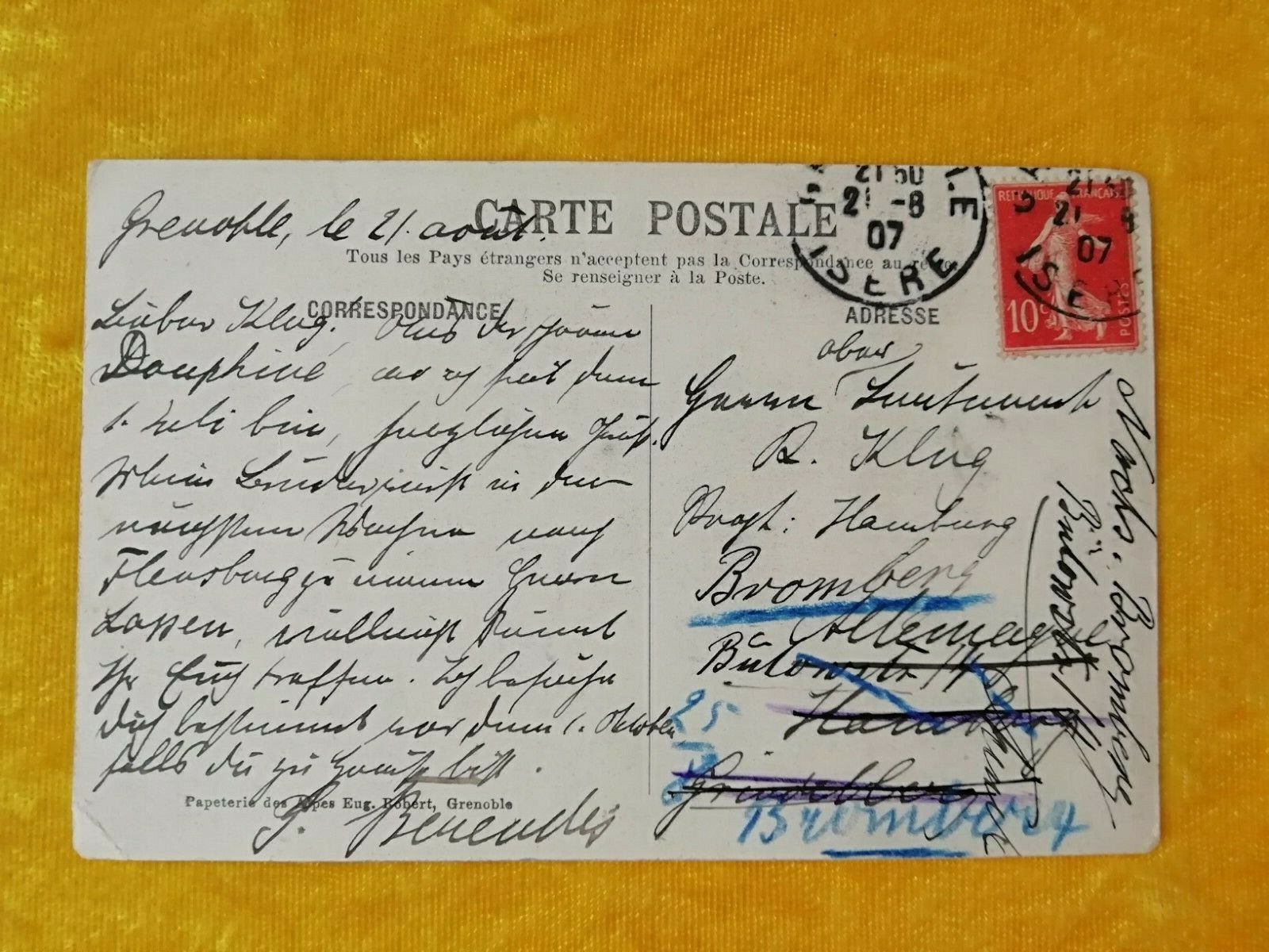 FrancePostcard stamped 190710 centimesGrenobleDauphiné