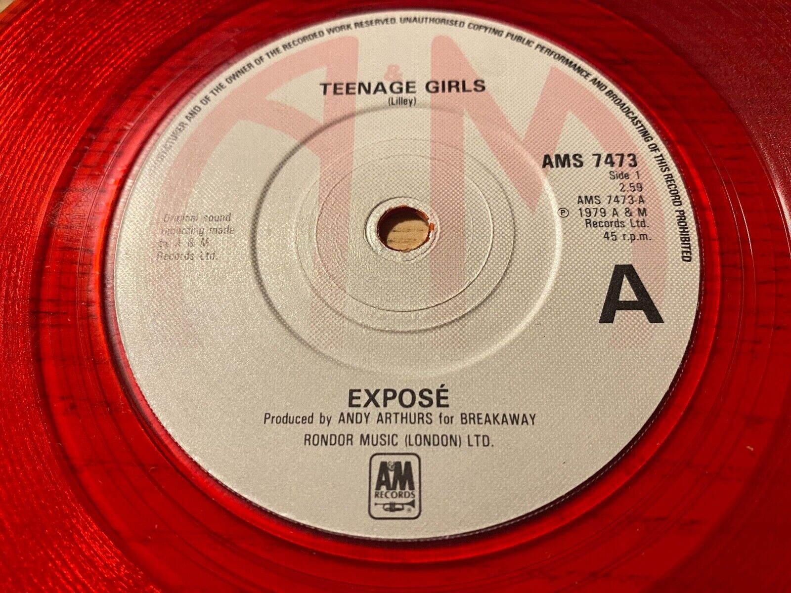 EXPOSÈ "TEENAGE GIRLS / IF YOU SEE KAY" 1979 7 INCH SINGLE AM RECORDS RED VINYL