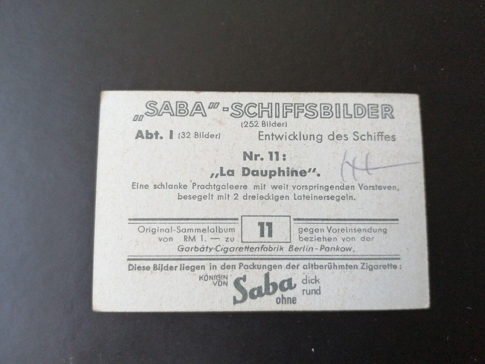 German SABA tobacco ship trading card 1931-33No 11"La Dauphine" France