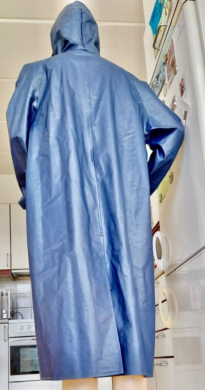 Retro Vintage Blue PVC Raincoat Friesian Mink Rubber Coat Rain Jacket