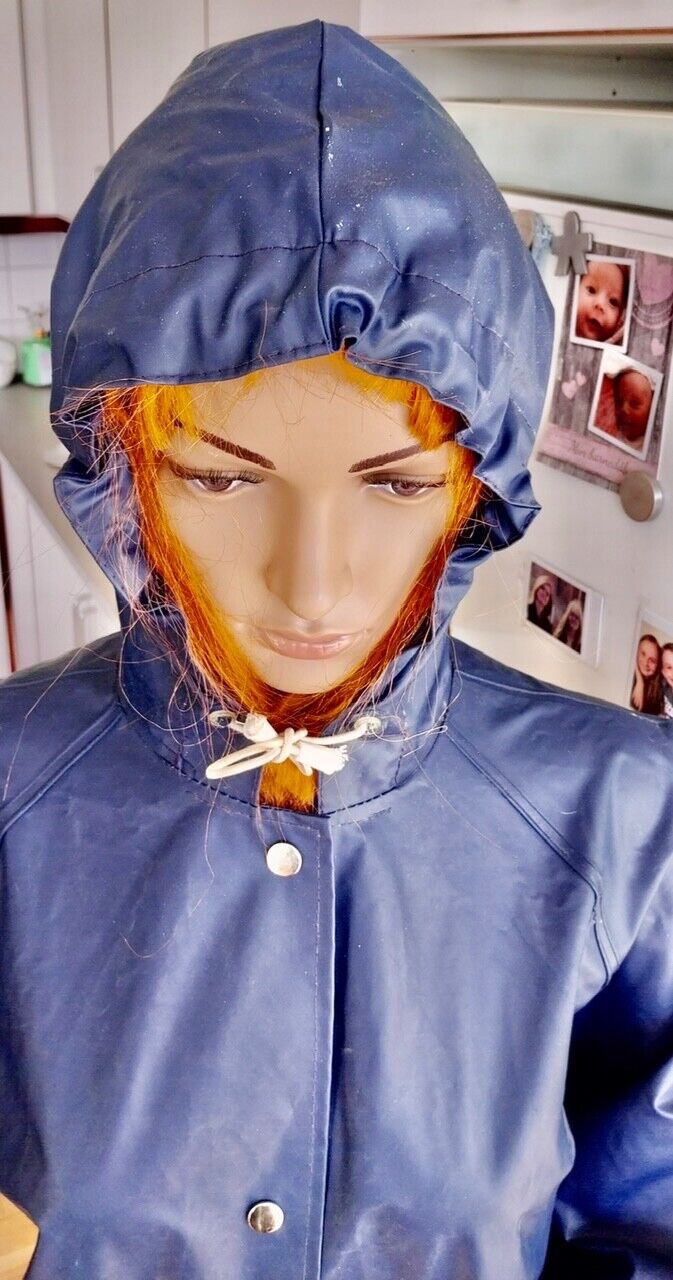 Retro Vintage Blue PVC Raincoat Friesian Mink Rubber Coat Rain Jacket