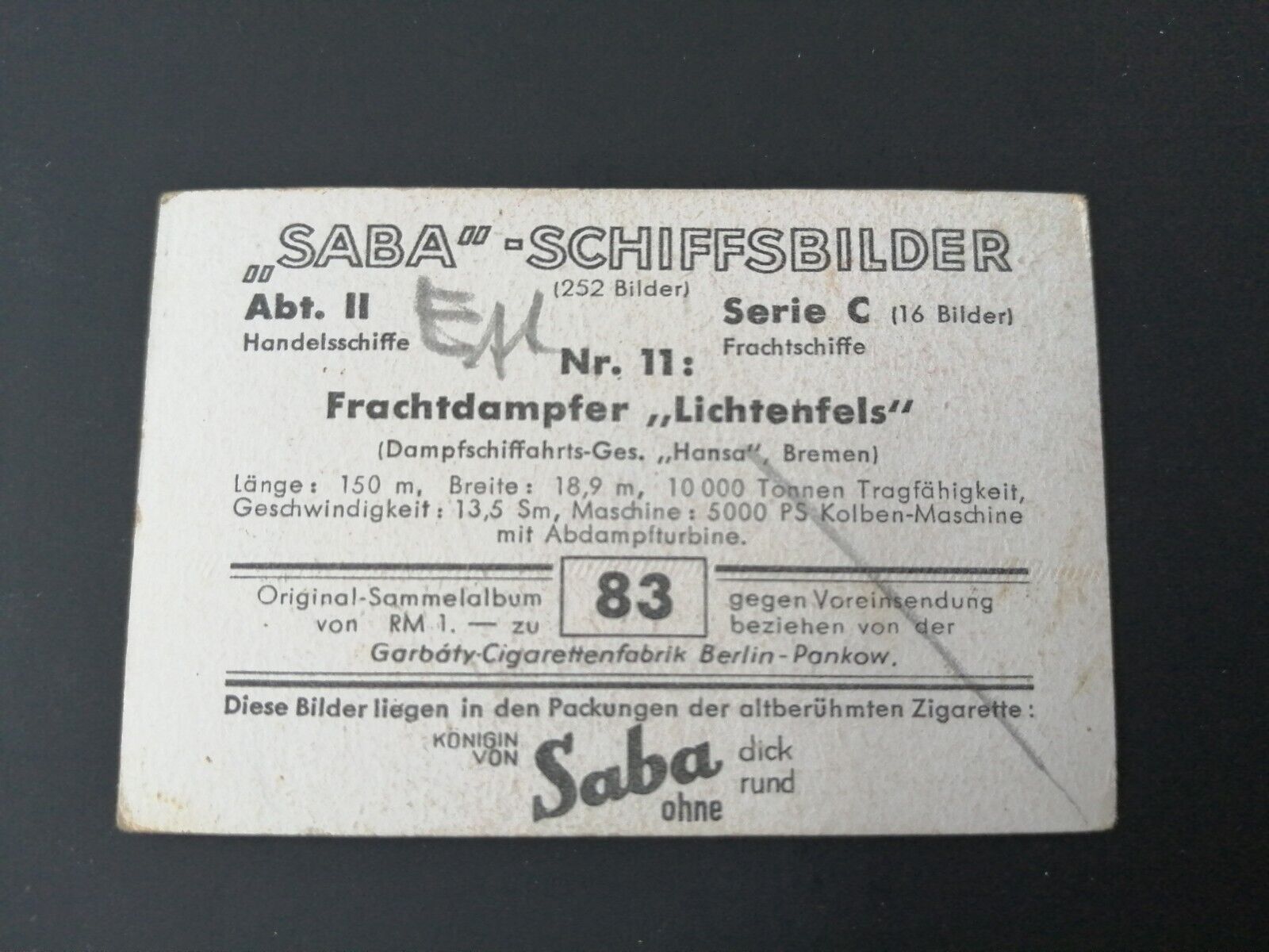 German SABA tobacco ship trading card 1931-33No 83 " Lichtenfels" Bremen