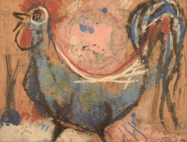 Mette Doller (b 1925) Danish artist Mixed media on paper Rooster Dated 1959