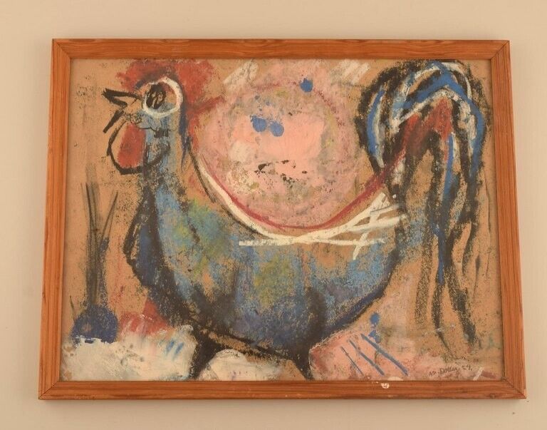 Mette Doller (b 1925) Danish artist Mixed media on paper Rooster Dated 1959