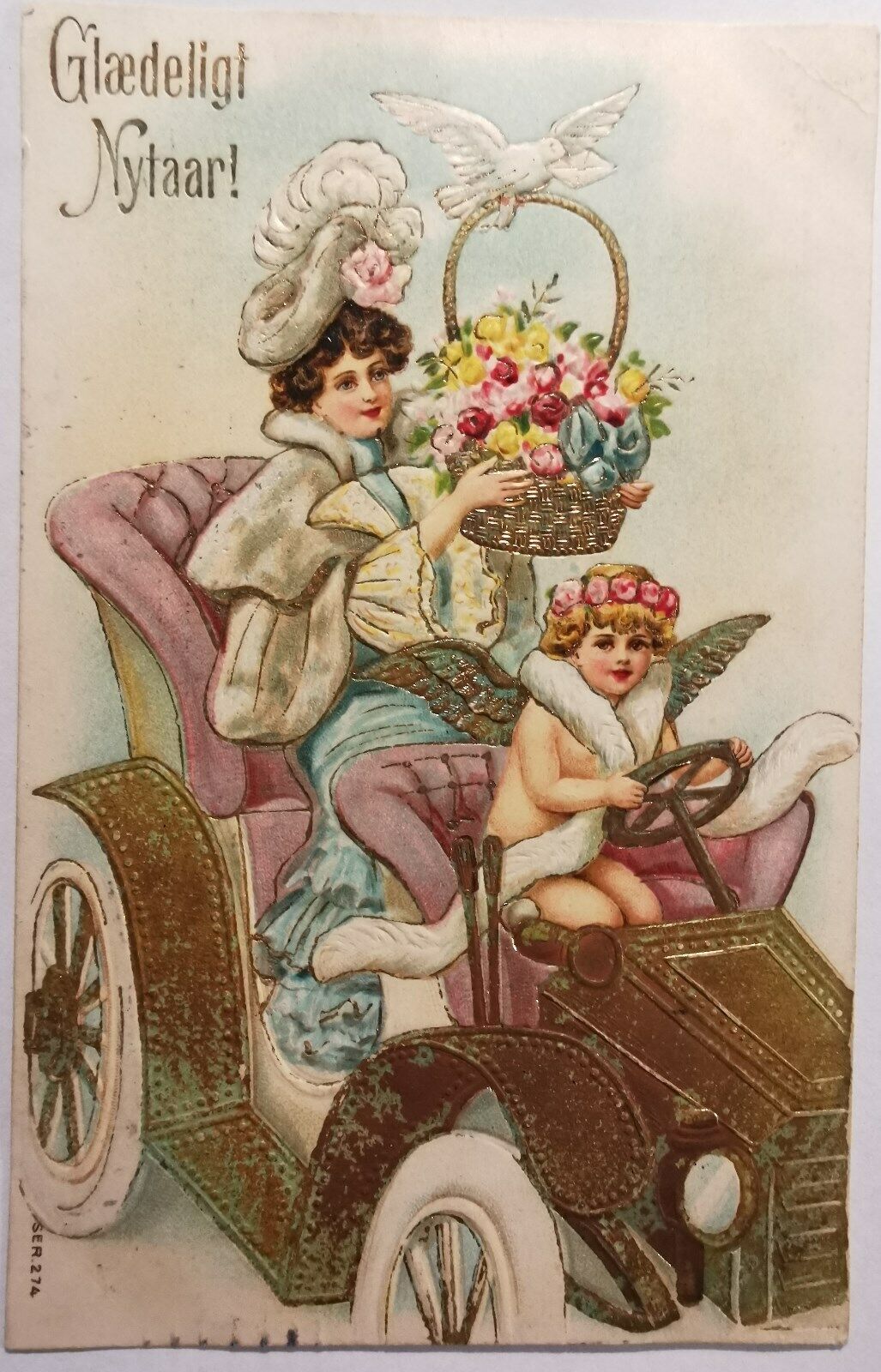 Vtg postcard: Gold-decorated NEW YEAR card with angel as driver 1908 pok1156