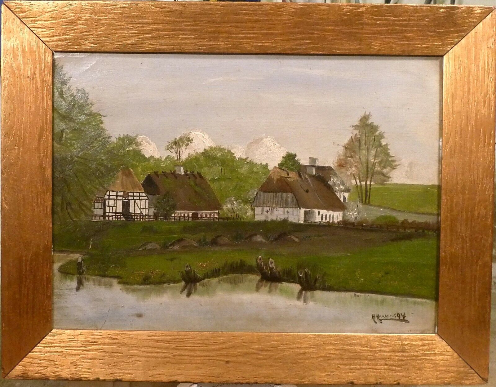 H. HANSEN! VILLAGE SCENERY WITH OLD HOUSES AT THE POND