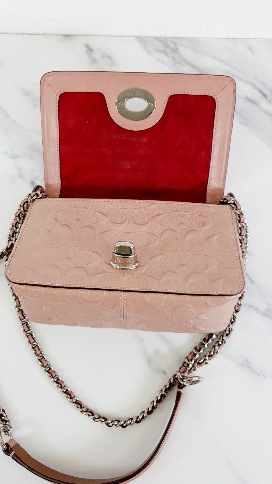 Coach Lex Small Flap Bag Signature Debossed Patent Blush Pink Crossbody F22292