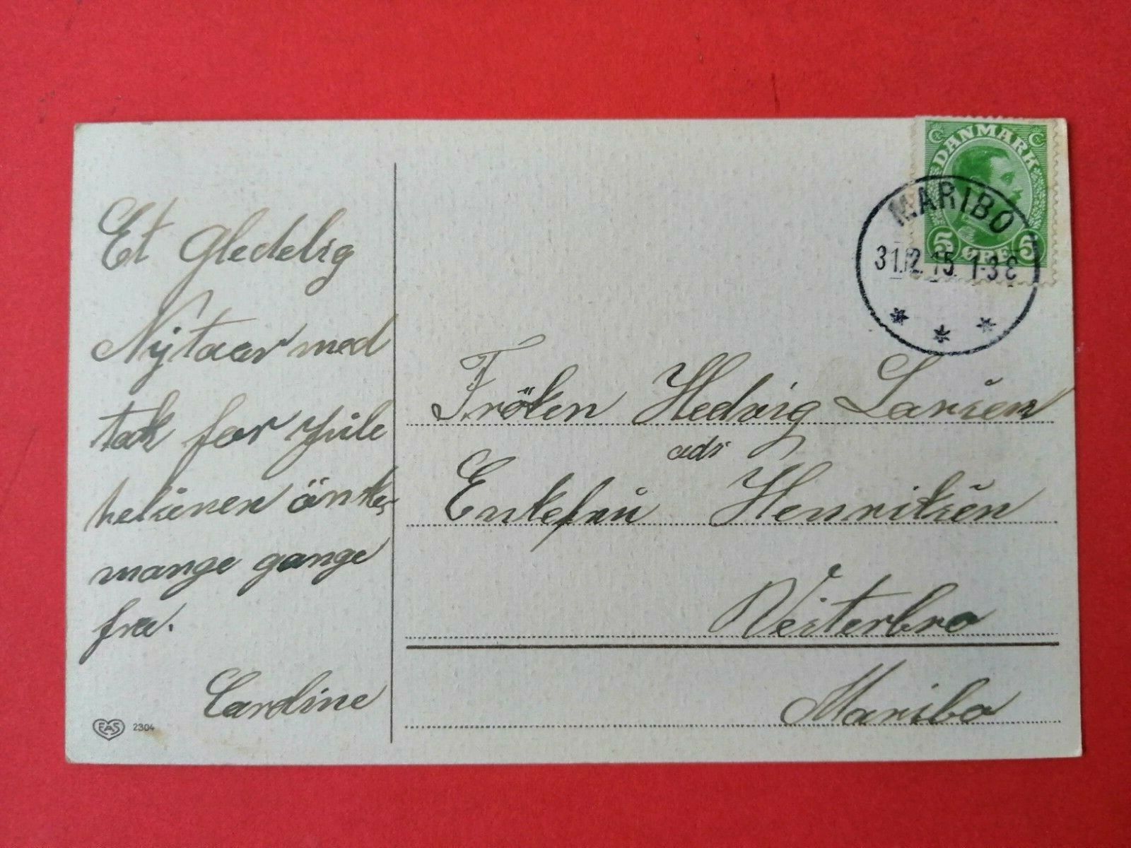 Antique collectable Danish New Year cardPosted in 1915No 339