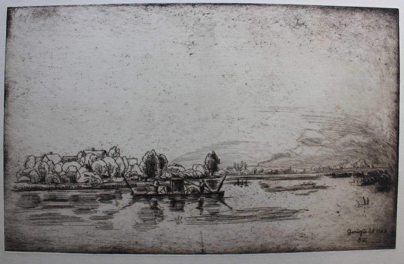 Ernst Zeuthen etching Lake landscape with boat 1925