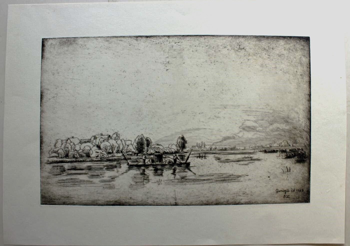 Ernst Zeuthen etching Lake landscape with boat 1925