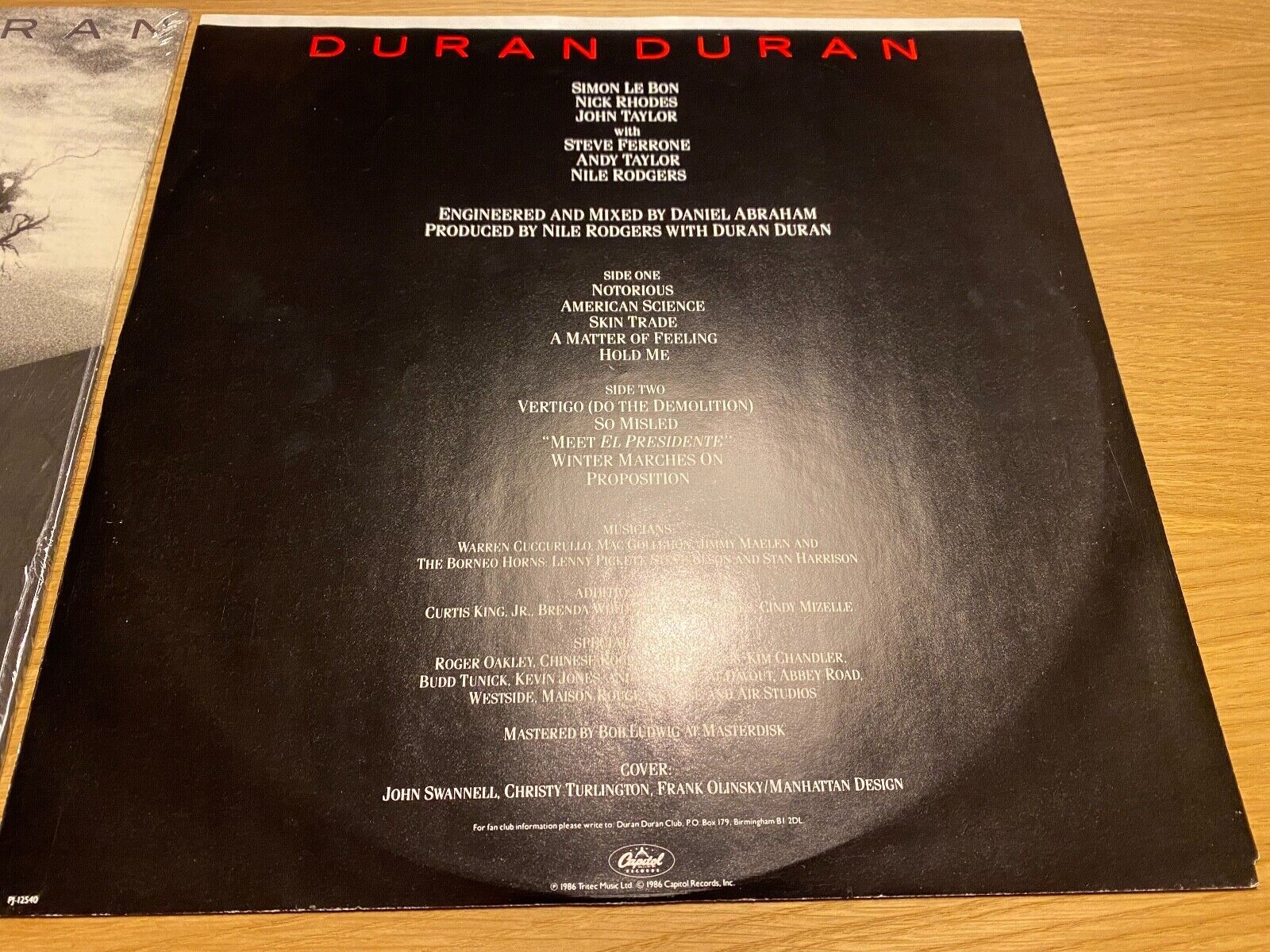 DURAN DURAN "NOTORIOUS 1986 10 TRACK US PRESS LP + ORIGINAL INNER SLEEVE CAPITOL