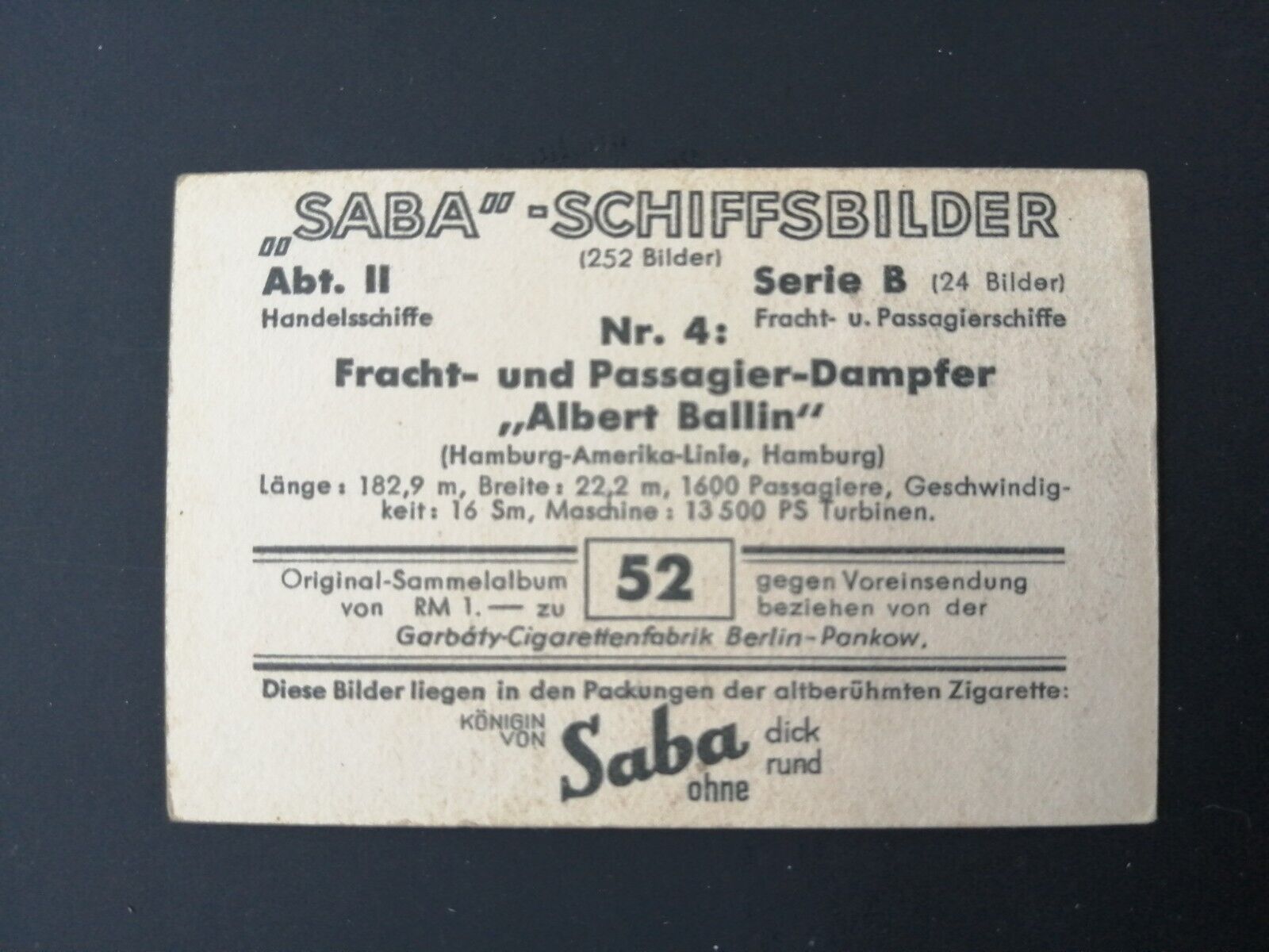 German SABA tobacco ship trading card 1931-33No 52 "Albert Ballin" HH-Amerika