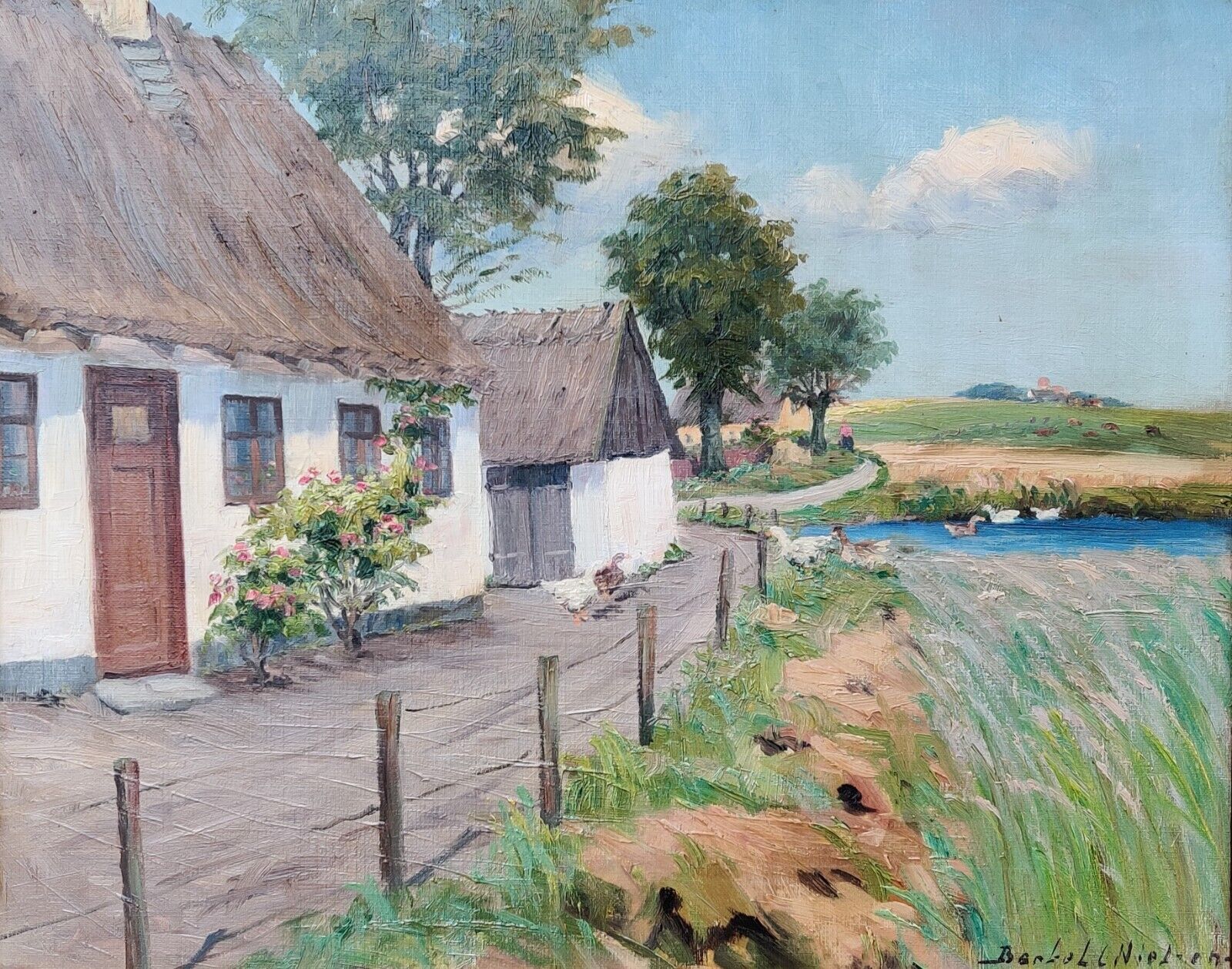 Bertel C Nielsen (1896-?): IN FRONT OF A FARMHOUSE original oil painting