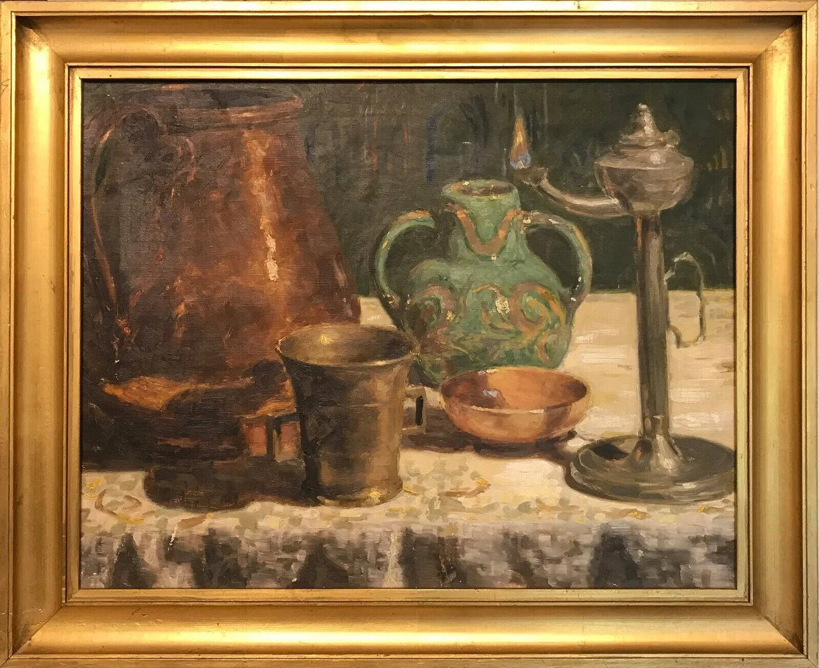 STILL LIFE with COPPER BRASS AND AN OIL LAMP