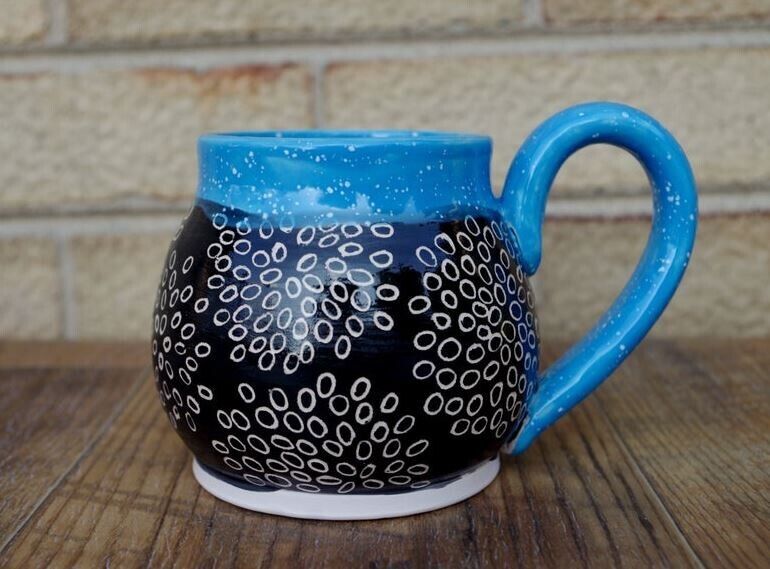 Black Flowers Handmade Pottery Mug Sgraffito Besy Quality