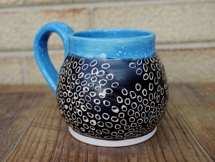 Black Flowers Handmade Pottery Mug Sgraffito Besy Quality