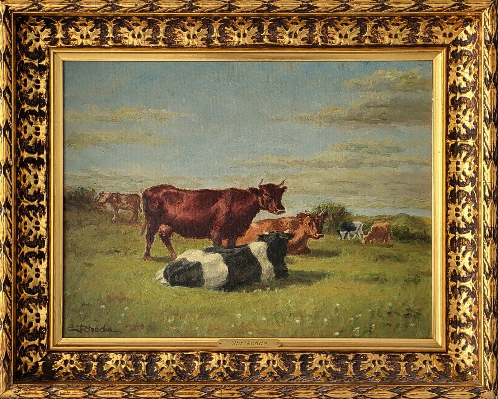 Antique oil painting. Herman Funch(1841-1919): “Open grassland” (1895)