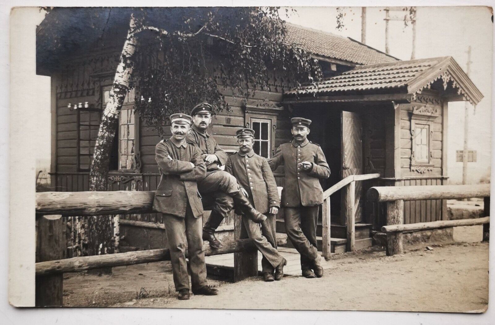 Old photo postcard:  Four german soldiers in uniform in July 1914 WWI   pok1365