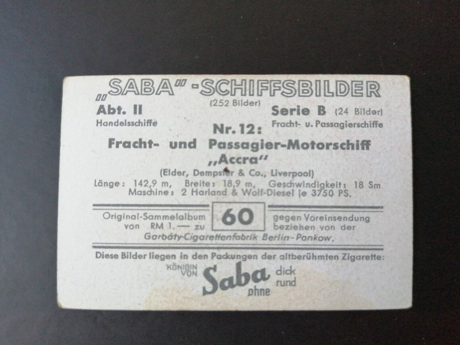 German SABA tobacco ship trading card 1931-33No 60 "Accra" Liverpool