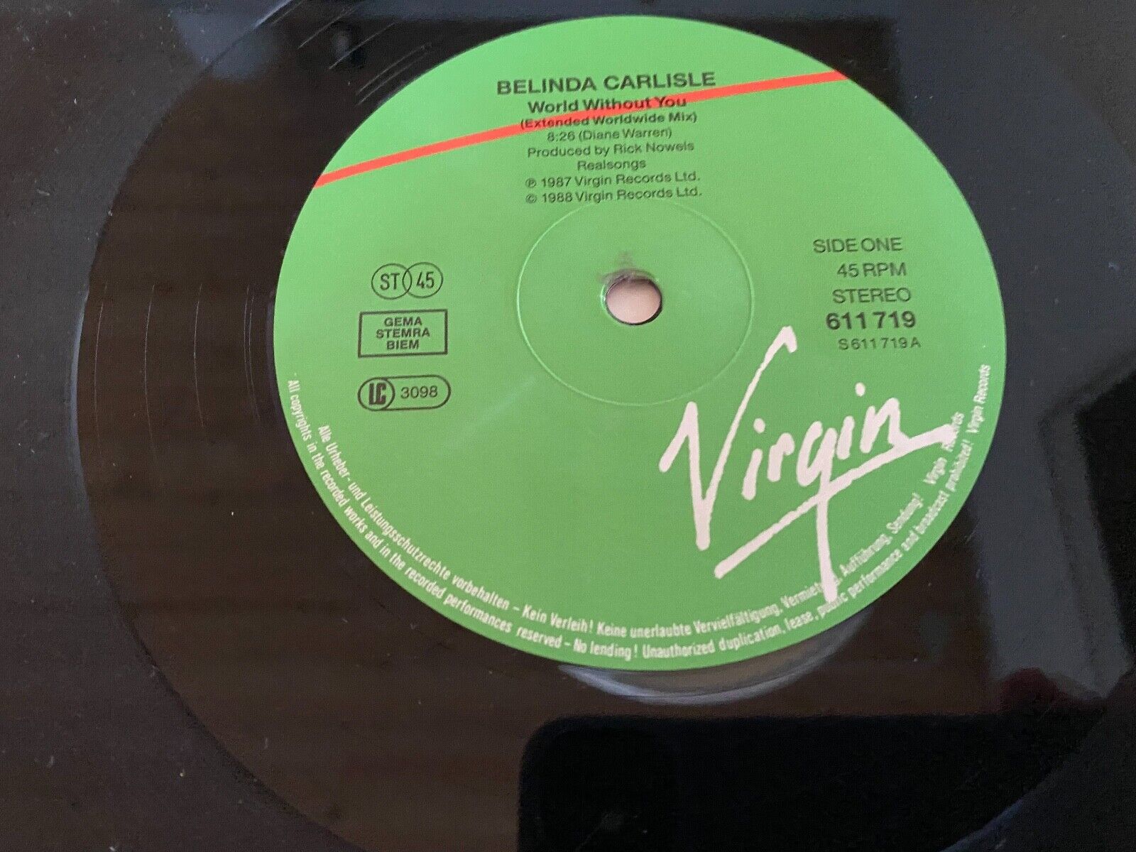 BELINDA CARLISLE "WORLD WITHOUT YOU" VIRGIN RECORDS 1988 GERMAN PRESS EXTENDED**