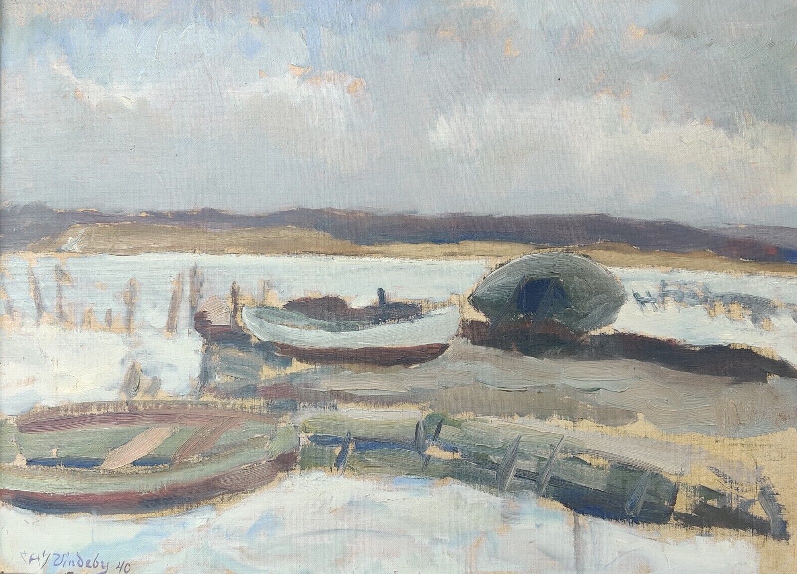 Carl Alfred Jörgensen Vindeby (1897-1990): BOATS ON SHORE original oil