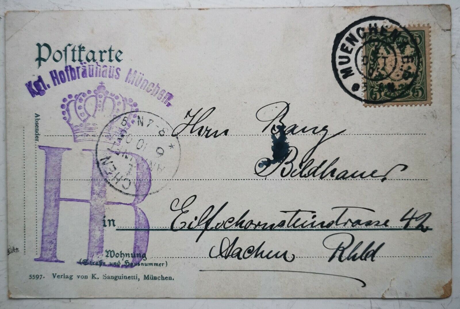 Antique colored postcard: Gruss aus München Germany Mailed in 1905  Pok1222