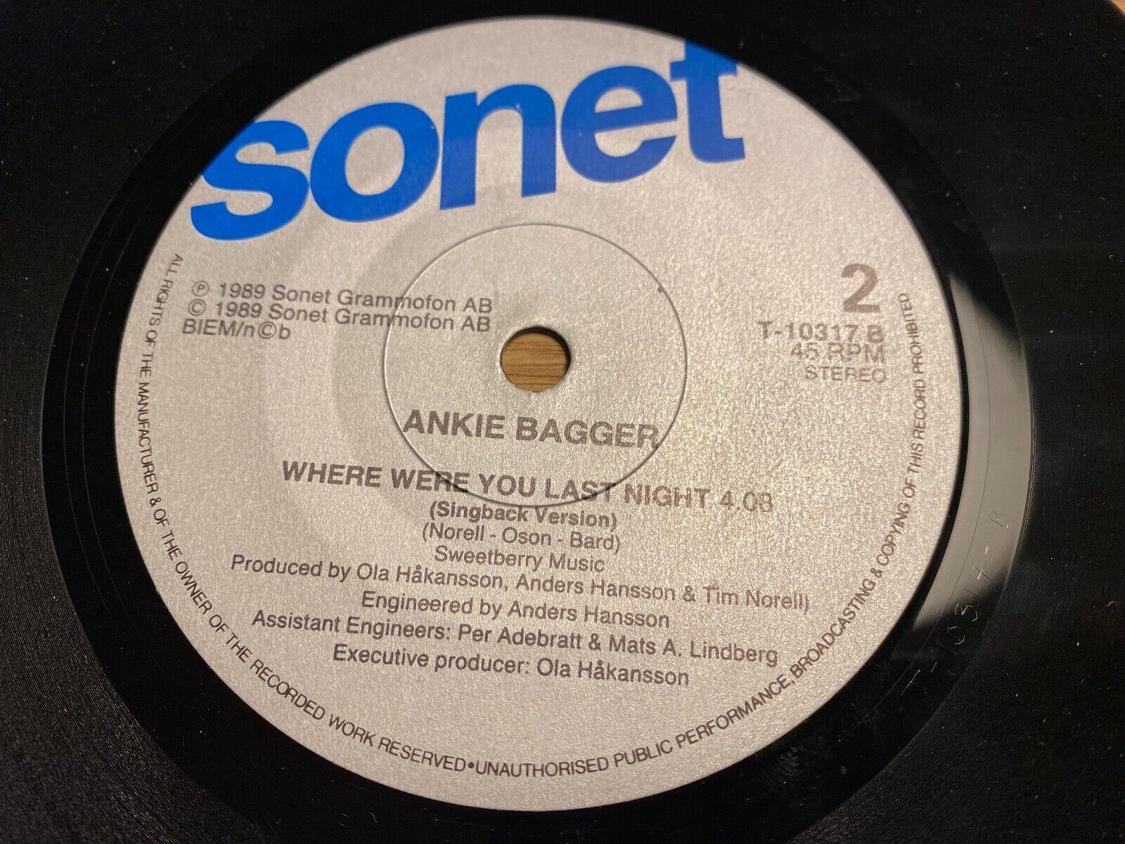 ANKIE BAGGER "WHERE WHERE YOU LAST NIGHT" 1989 SONET NCB SWEDISH VINYL SINGLE 7"