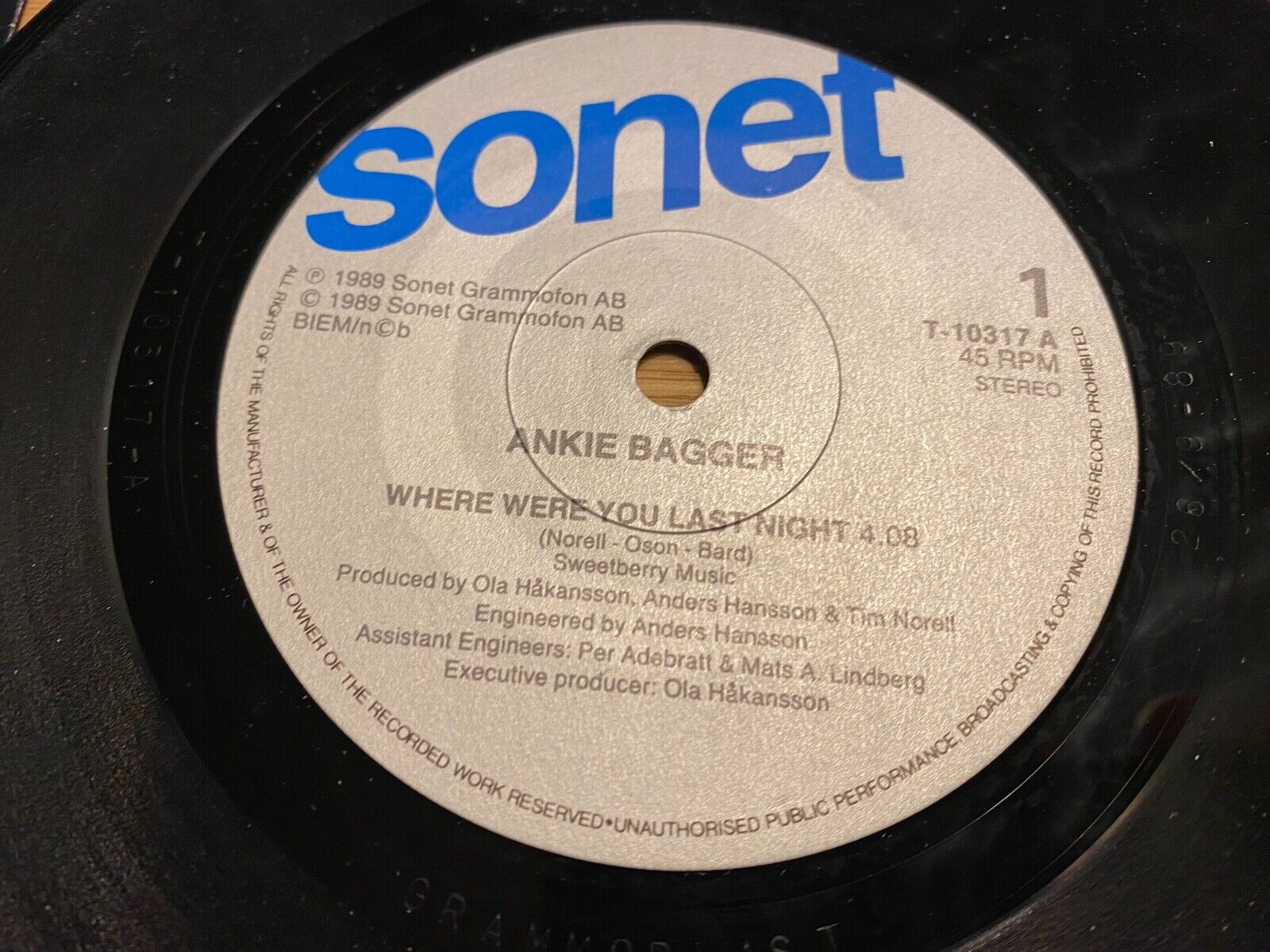 ANKIE BAGGER "WHERE WHERE YOU LAST NIGHT" 1989 SONET NCB SWEDISH VINYL SINGLE 7"