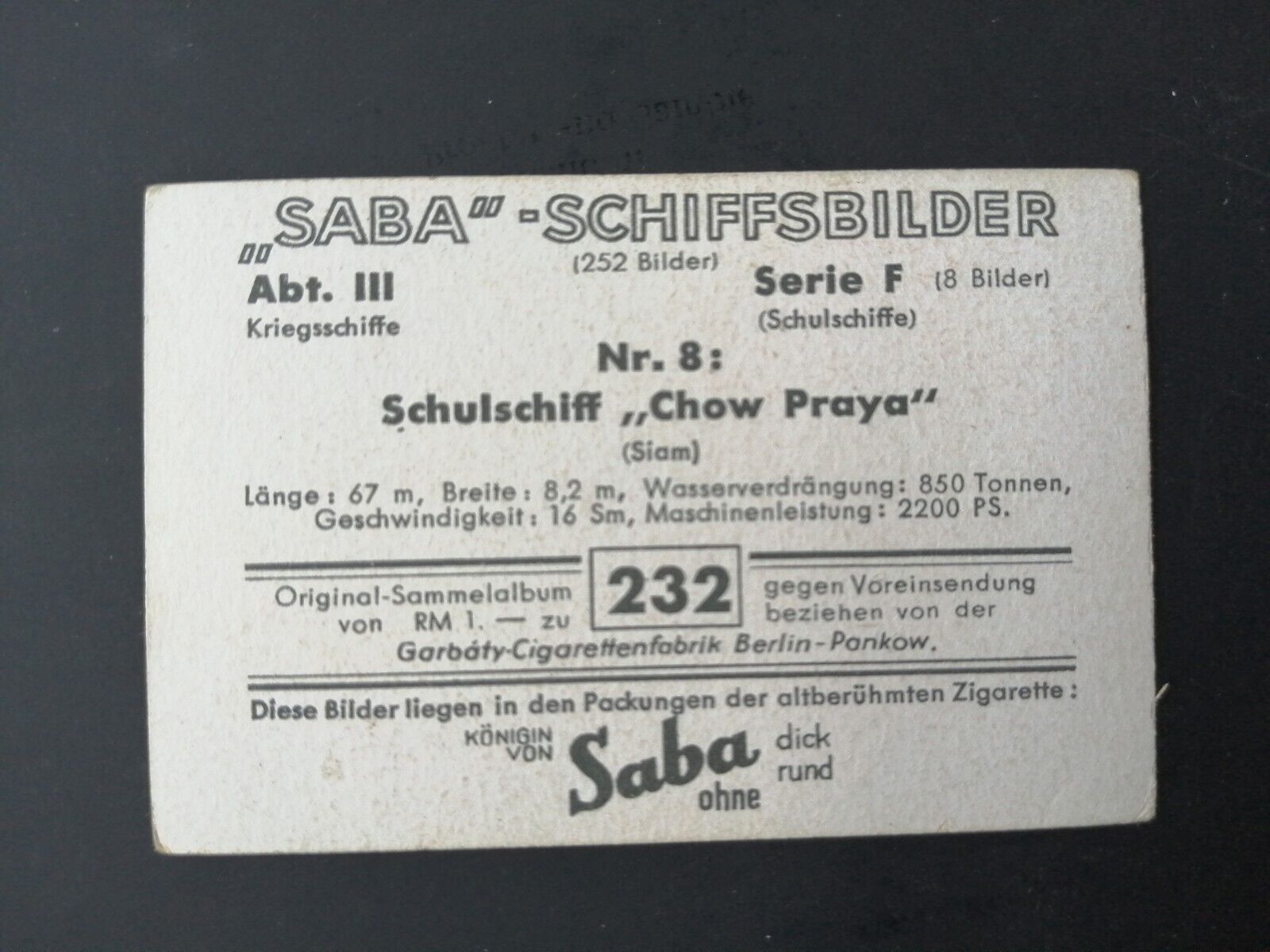 German SABA tobacco ship trading card 1931-33No 232 " "Chow Praya" Schulschiff