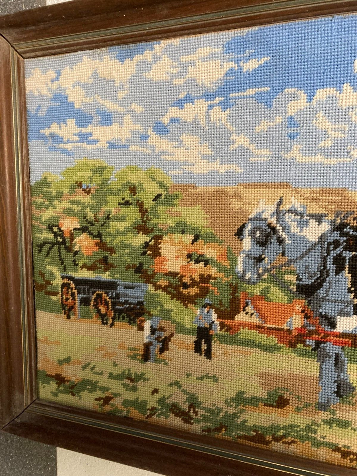 Danish Cross-Stitch Artwork Farmer with Horses Harvest Scene W82cm L44 Framed