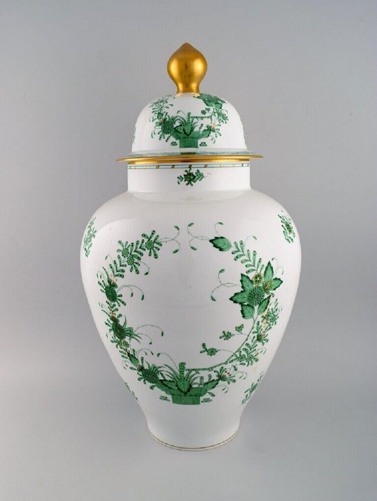 Giant Herend Chinese Bouquet lidded porcelain vase with green flowers