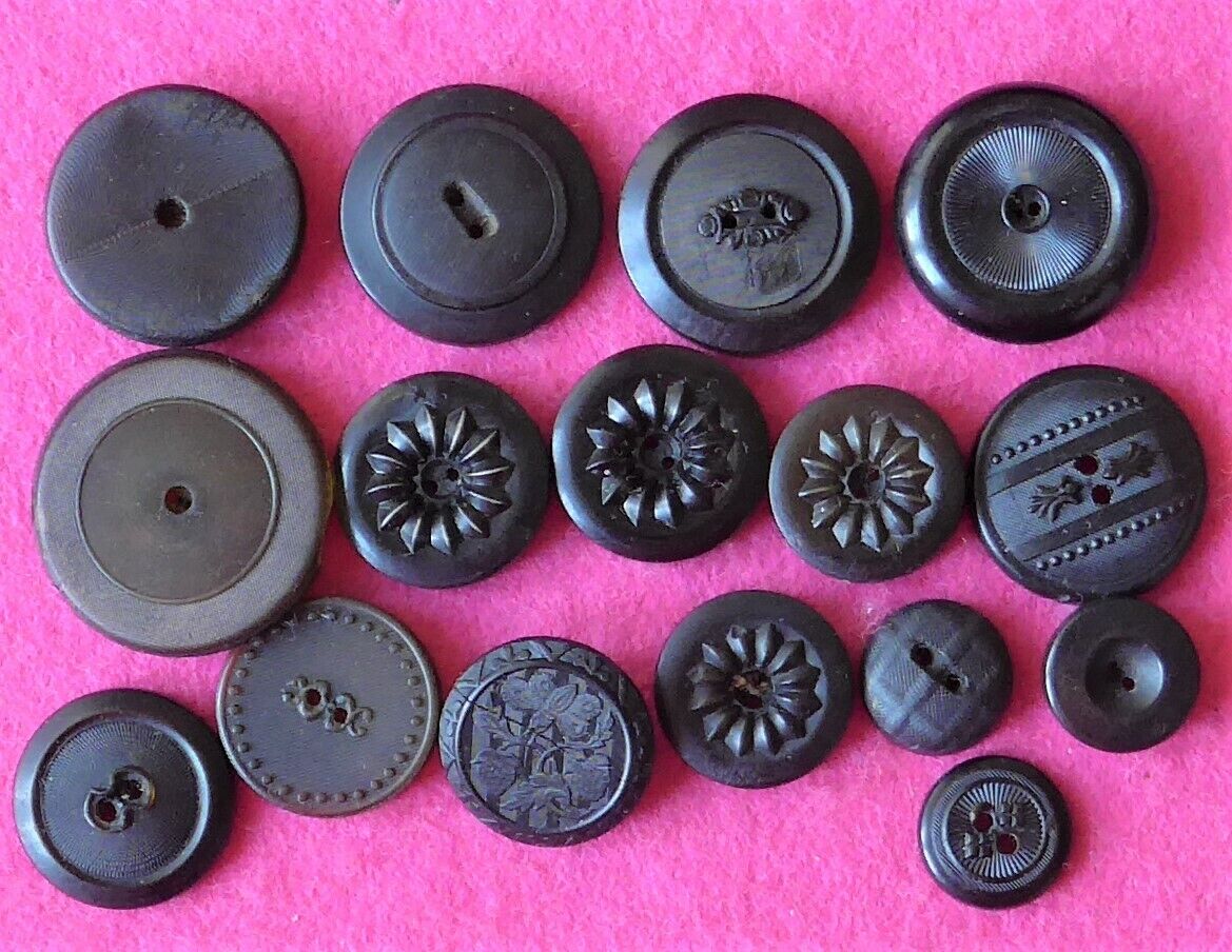 16 VICTORIAN ANTIQUE pressed BLACK BOVINE HORN buttons - all BACKMARKED (76)