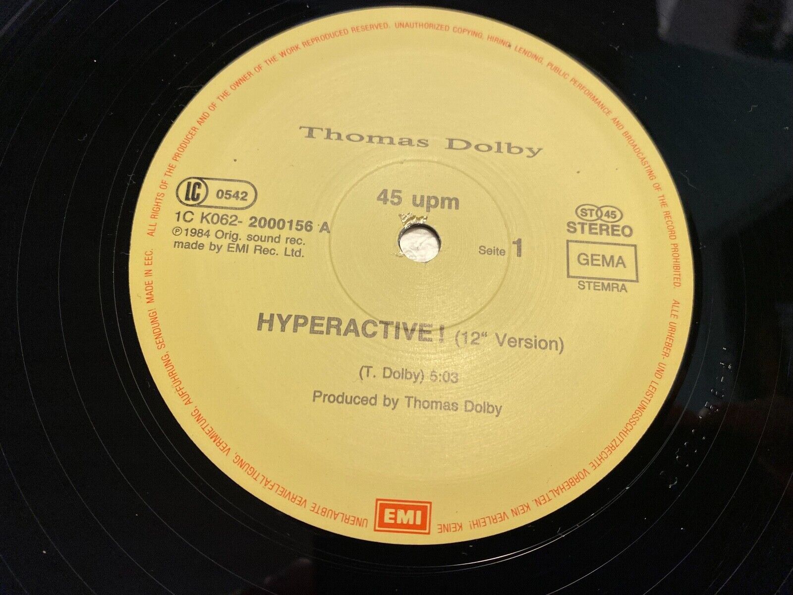 THOMAS DOLBY "HYPER-ACTIVE" EXTENDED VERSION EMI RECORDS 1984 12" SINGLE GERMANY