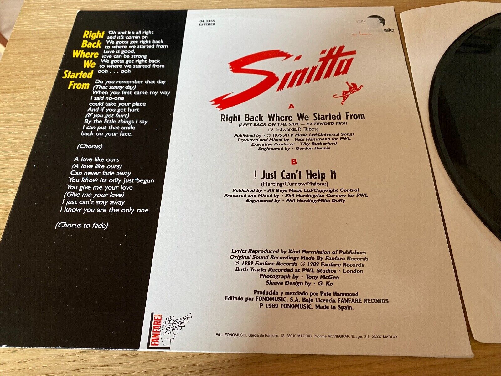 SINITTA "RIGHT BACK WHERE WE STARTED FROM" SPANISH 1989 FONO MUSIC 45RPM 12 INCH