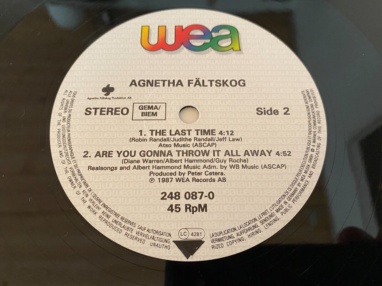 AGNETHA FÂLTSKOG "THE LAST TIME" REMIX WEA RECORDS AB 1987 12" VINYL MAXI ABBA**