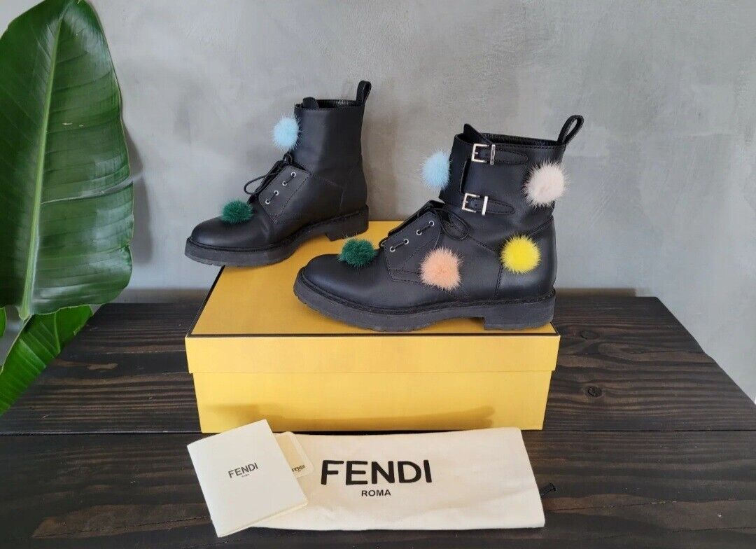 **FENDI** Black Leather Mink Pom Pom Ankle Boots Sz 38