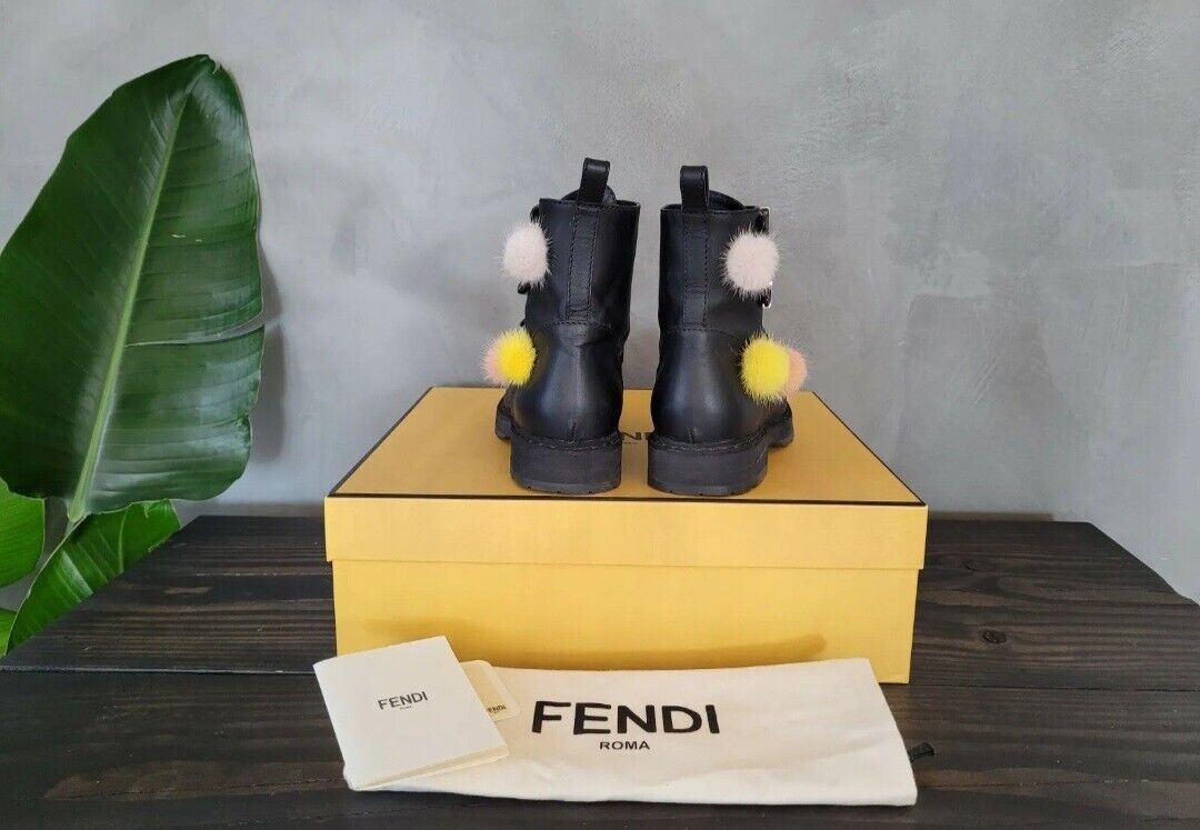 **FENDI** Black Leather Mink Pom Pom Ankle Boots Sz 38