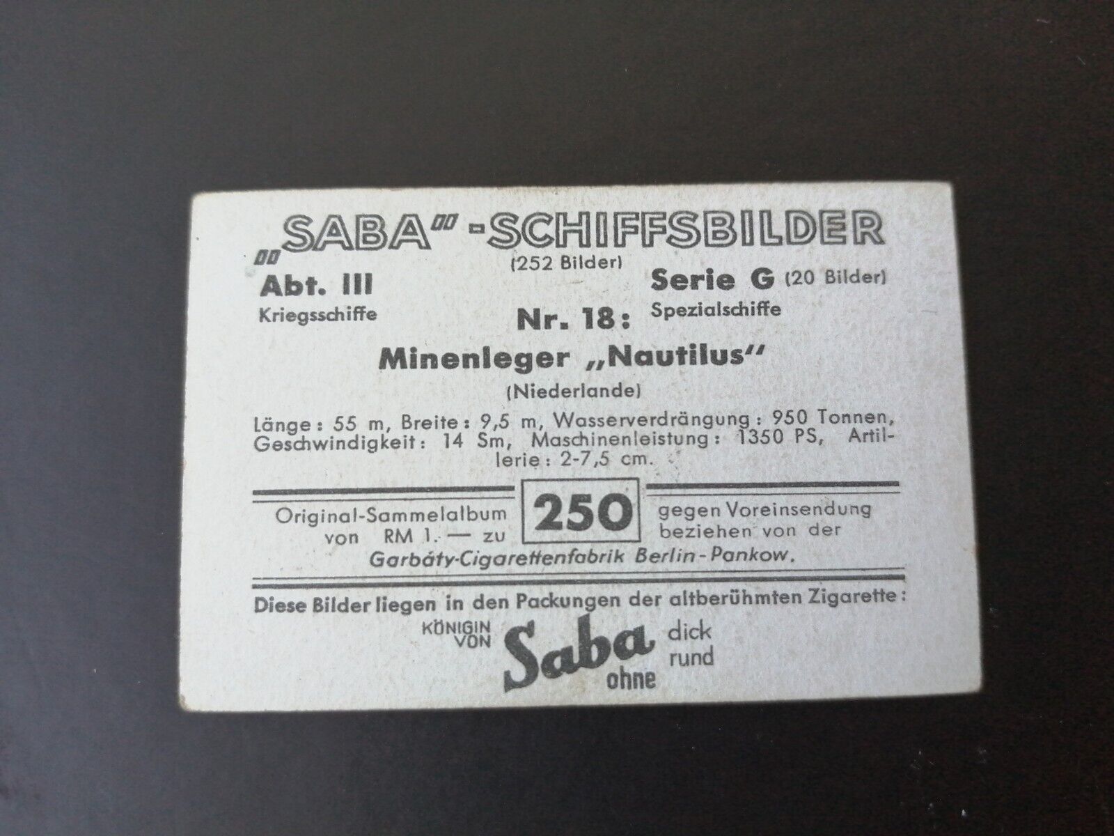 German SABA tobacco ship trading card 1931-33No 250" Nautilus" Holland