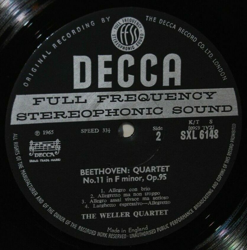 BEETHOVEN quartets N° 10  11 THE WELLER QUARTET UK DECCA LP SXL 6148 STEREO