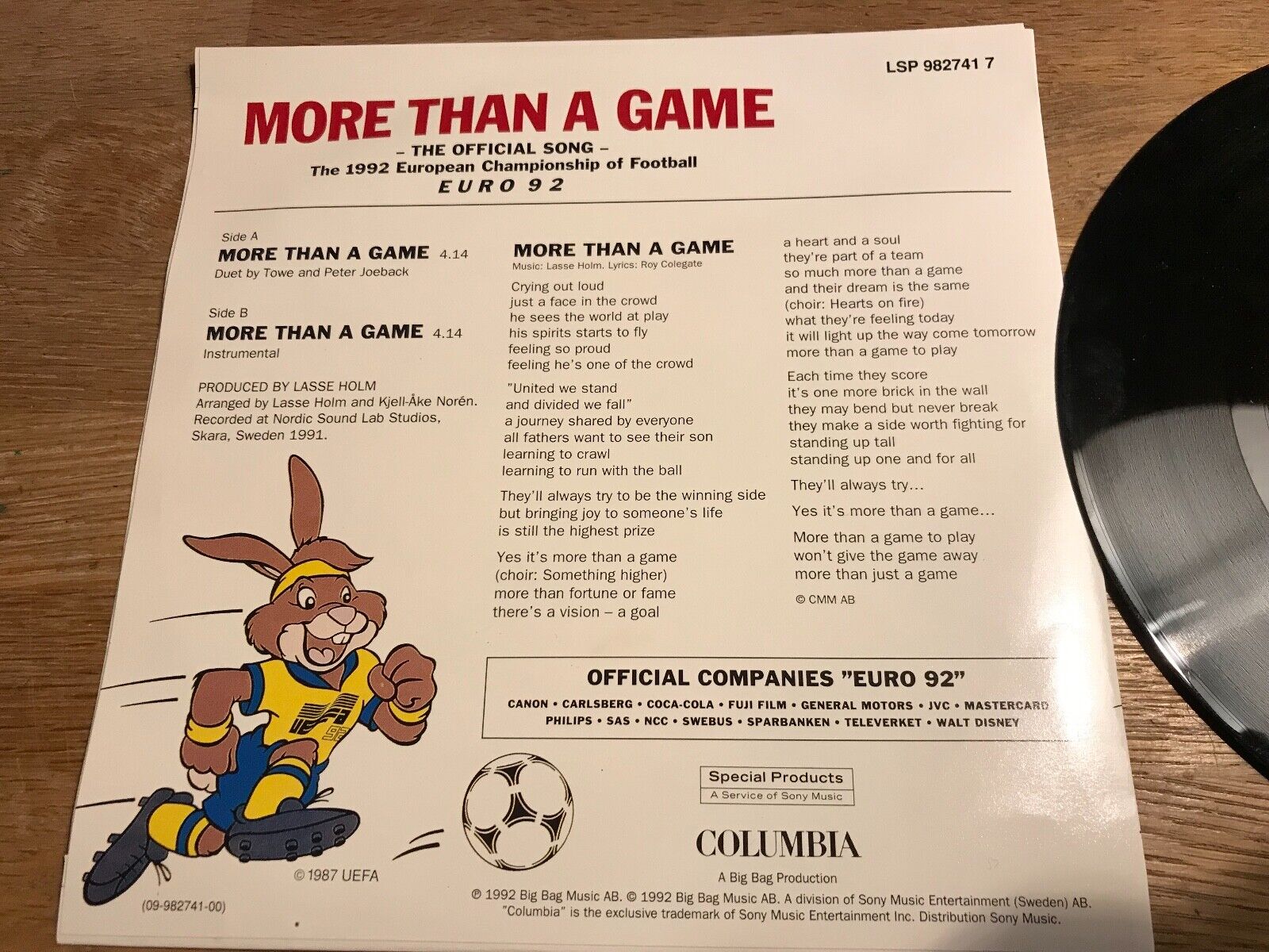 TOWE  PETER JOEBACK "MORE THAN A GAME" 1992 EURO 92 UEFA 92 COLUMBIA NCB/BIEM**