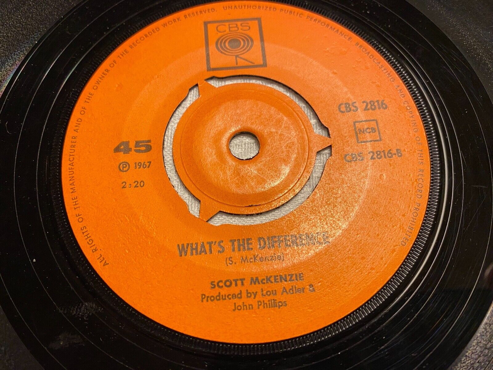 SCOTT MCKENZIE "SAN FRANCISCO/WHAT´S THE DIFFERENCE" CBS RECORDS 7 INCH 1967 NCB