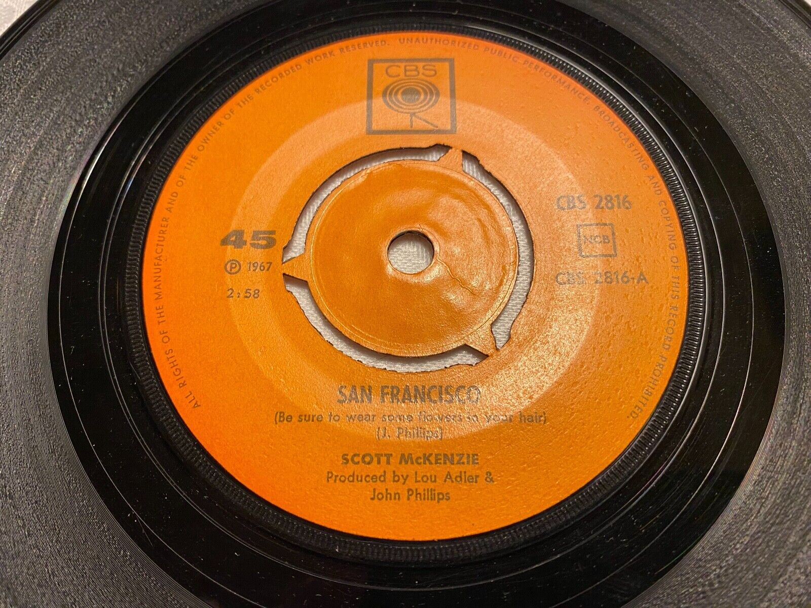 SCOTT MCKENZIE "SAN FRANCISCO/WHAT´S THE DIFFERENCE" CBS RECORDS 7 INCH 1967 NCB