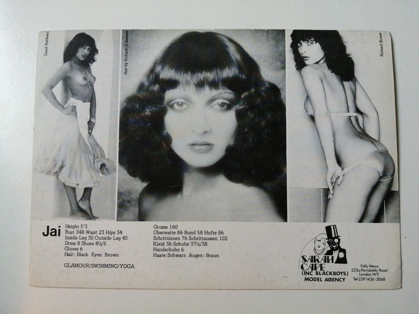 Vintage English  model comp card from 1970s/1980s Jai