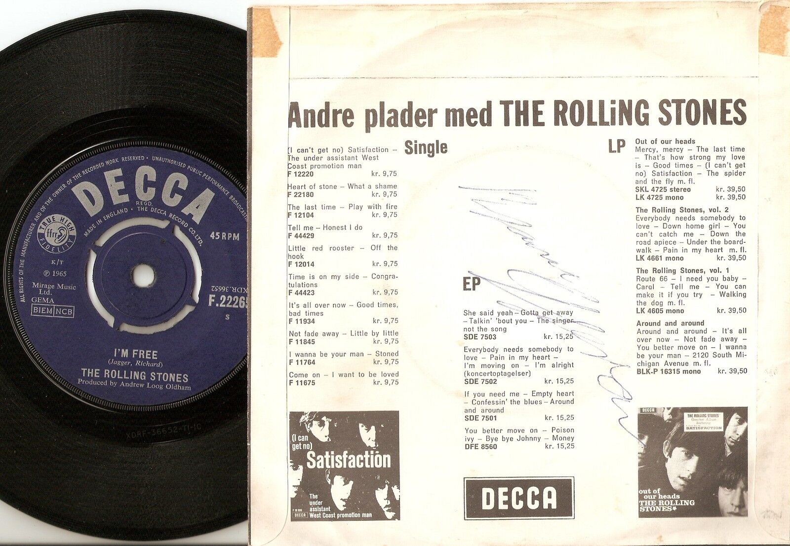 THE ROLLING STONES GET OFF OF MY CLOUD  I`M FREE DANISH PS+45 1965 MOD BEAT RB