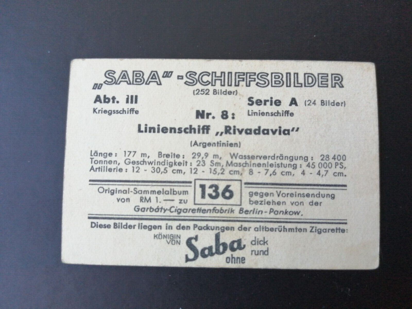 German SABA tobacco ship trading card 1931-33No 136Argentina"Rivadavia"