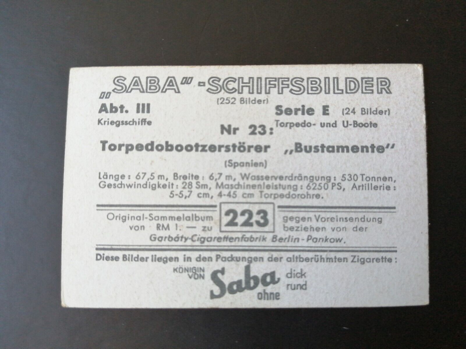 German SABA tobacco ship trading card 1931-33No 223"Bustamente" Spain